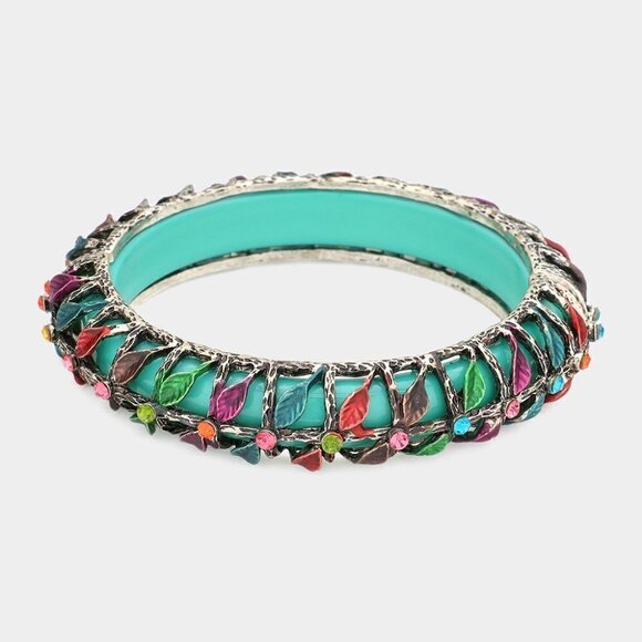 NWT Turquoise Antique Metal Leaf Crystal Tube Beaded Bangle Bracelet - Picture 1 of 8